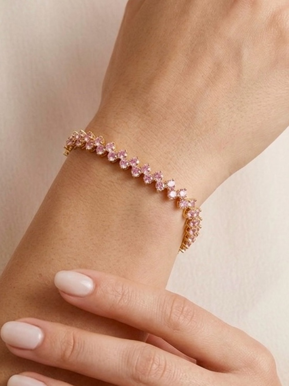 14K Gold Plated Pink Zirconia Zigzag Tennis Bracelet | Dainty Jewelry